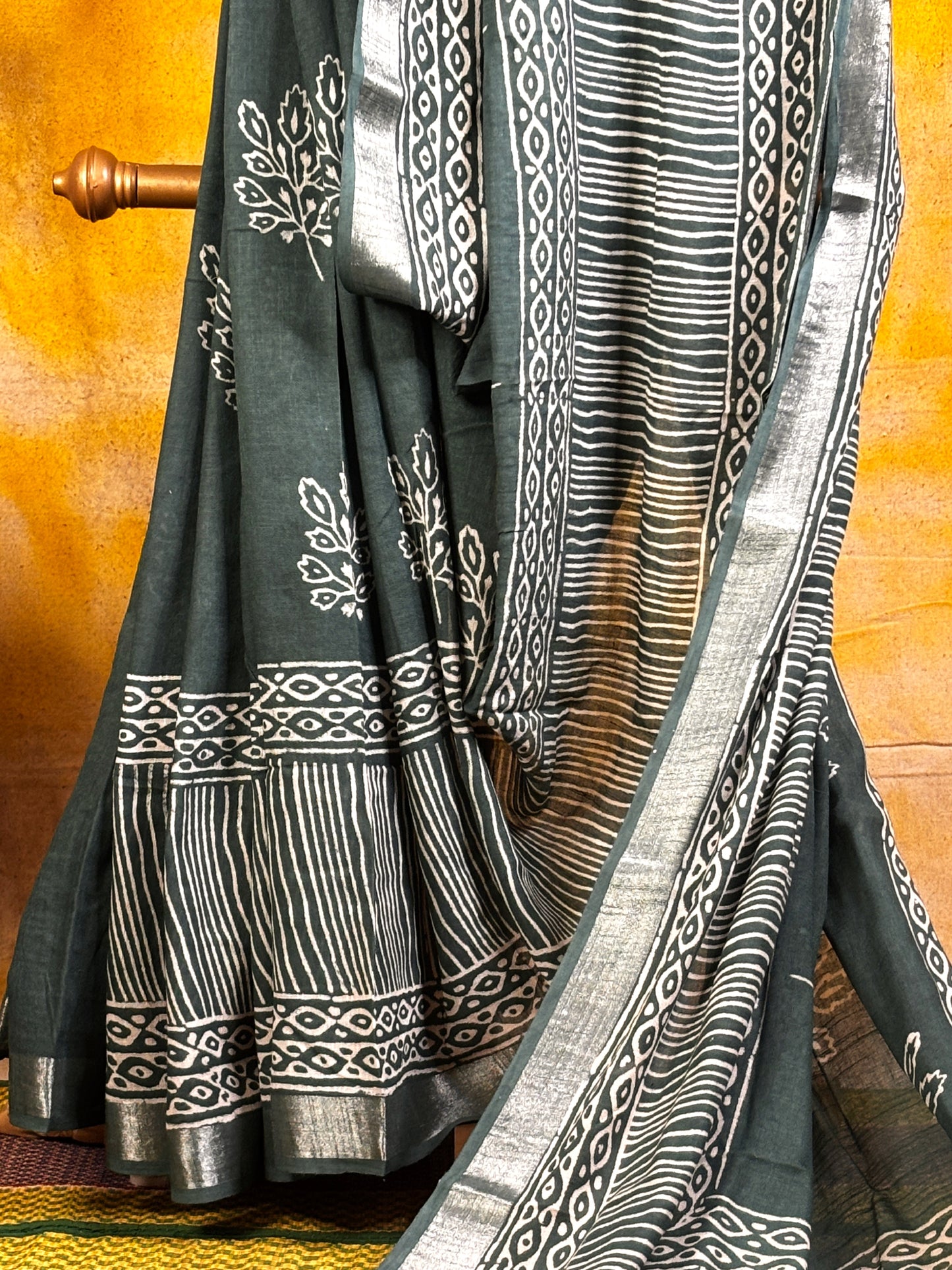 Green and White Hand Block Printed Linen Saree