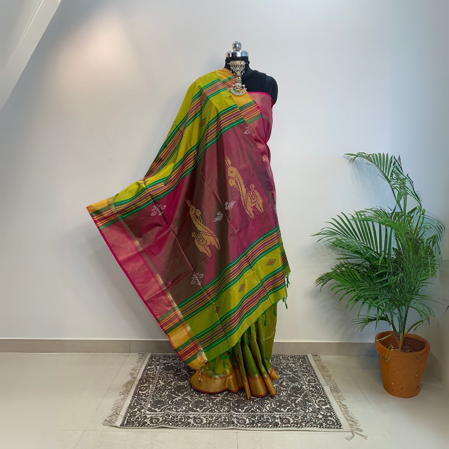 Parrot Green & Maroon Pure Silk Kalakshetra Saree