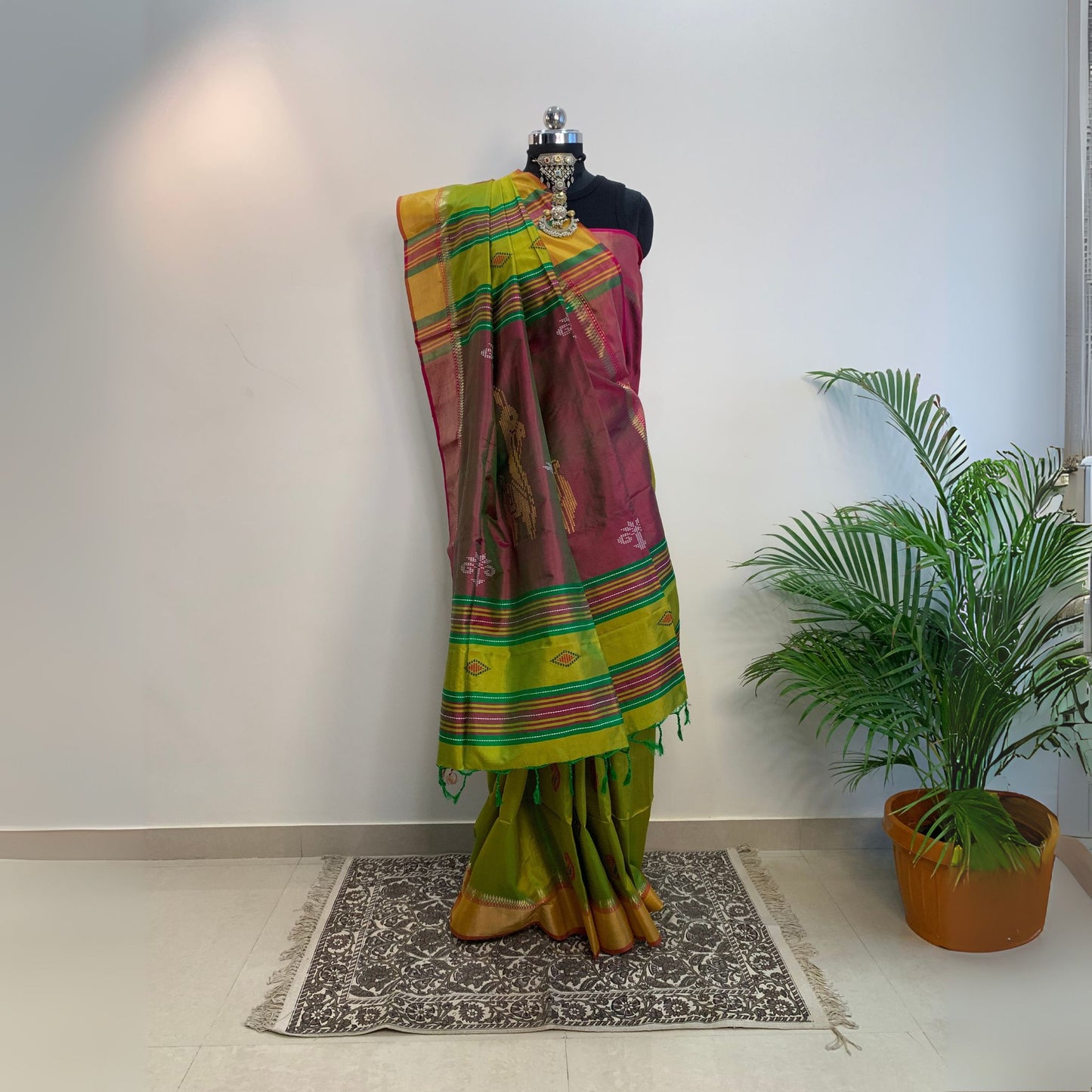 Parrot Green & Maroon Pure Silk Kalakshetra Saree