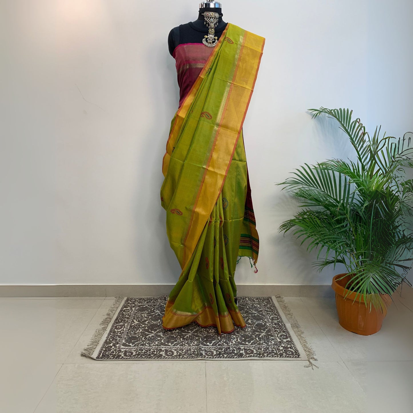 Parrot Green & Maroon Pure Silk Kalakshetra Saree