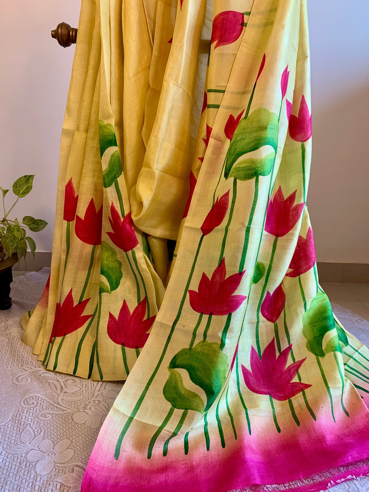 Light Yellow Hand painted Pure Silk Saree