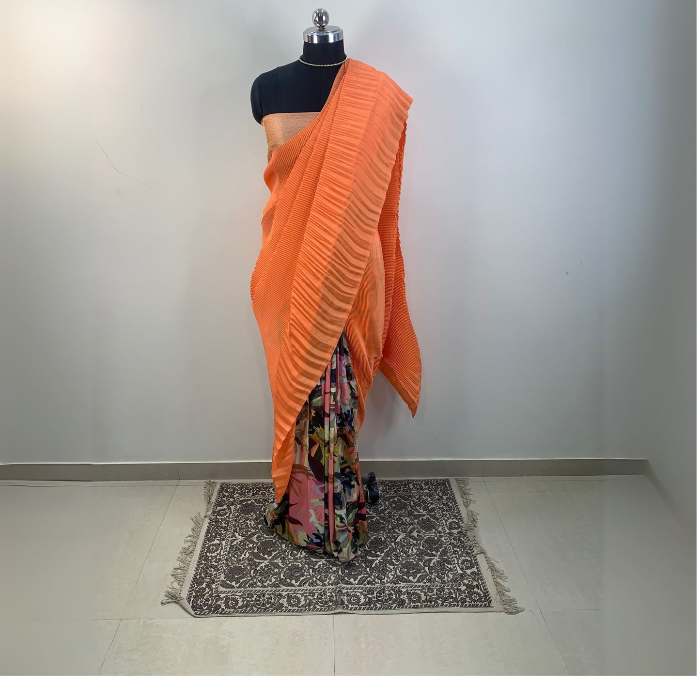Peach Satin Accordion Pleated Designer Saree -Powerloom Sarees- Aananda Collections