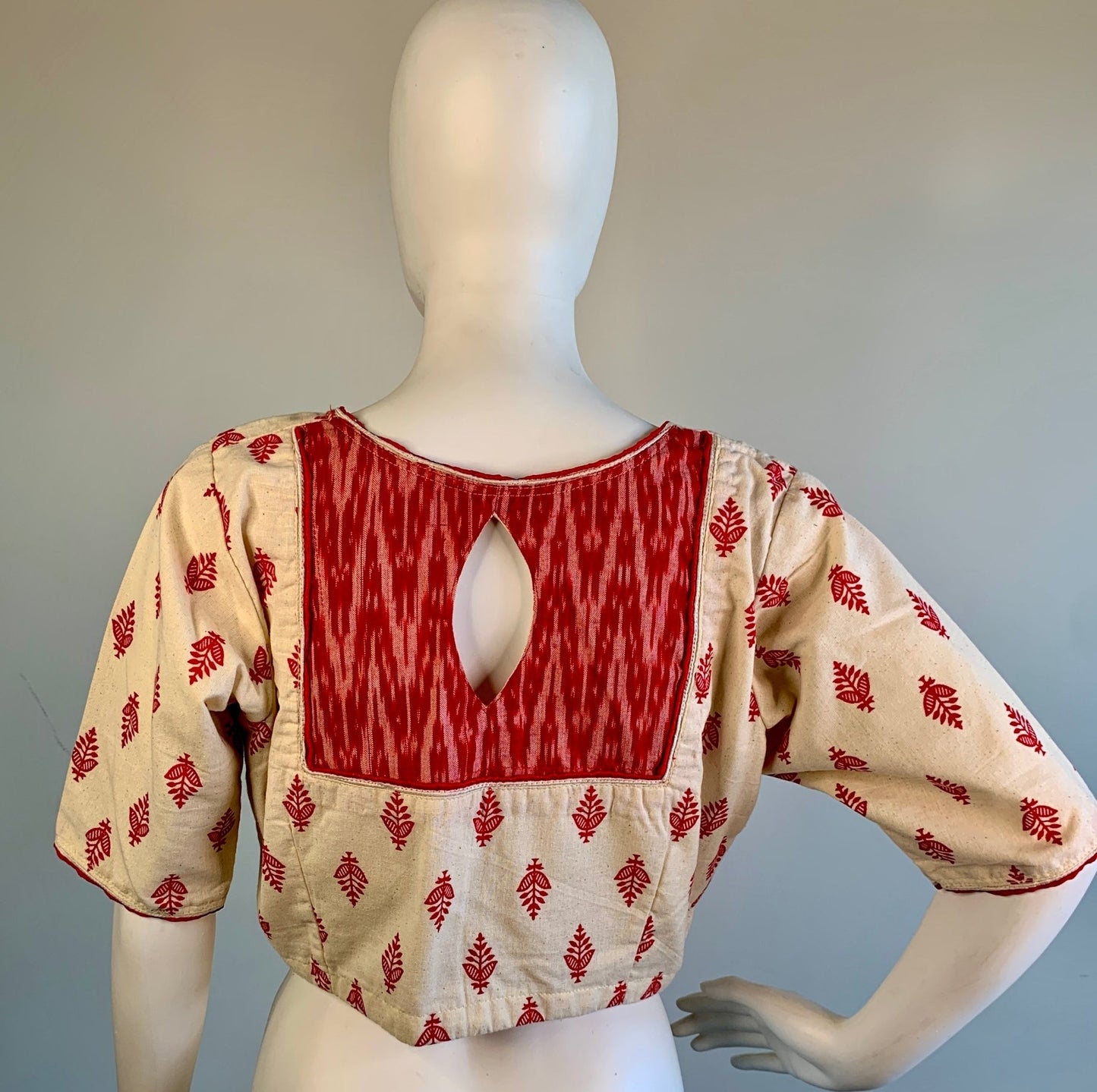 Red and Off White Flax Cotton Blouse -Blouse- Aananda Collections