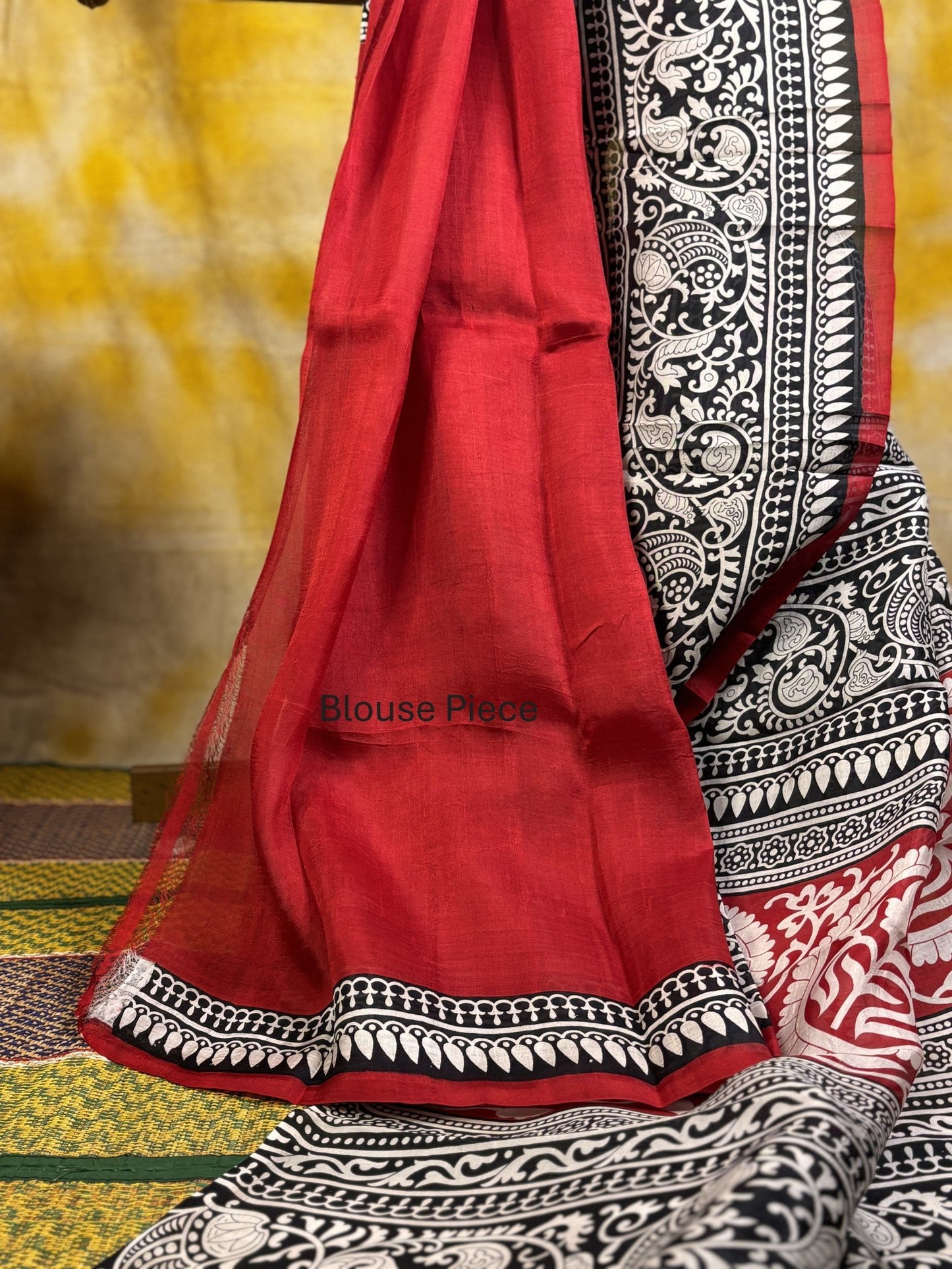 Red Block Printed Murshidabad Silk Saree -Handloom Sarees- Aananda Collections