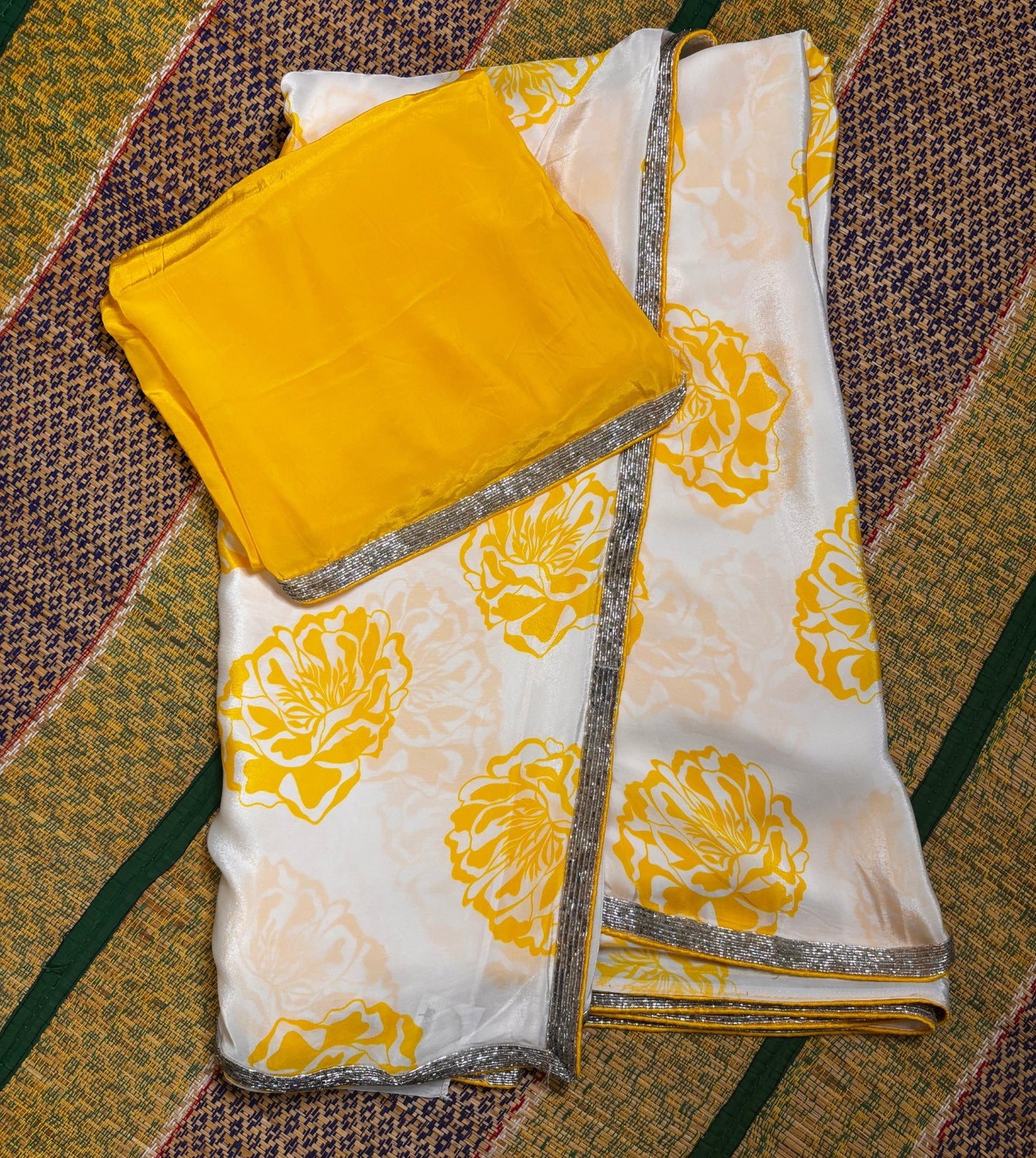 White and Yellow Crepe Silk -Powerloom Sarees- Aananda Collections