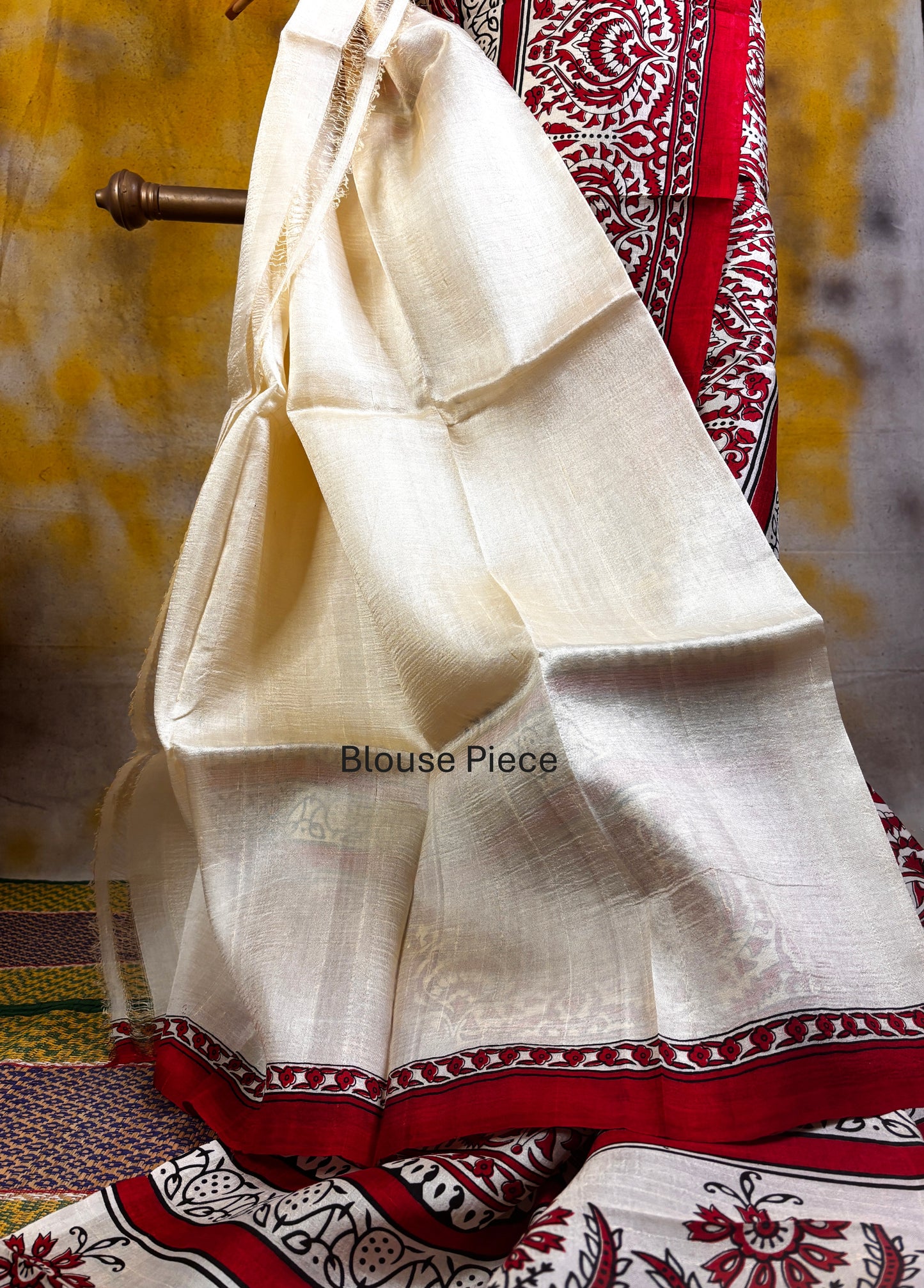 Off-White Block Printed Murshidabad Silk Saree