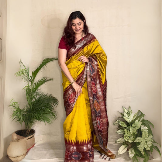 Golden Yellow Vidarbha Karvati  Kinar in Pure Raw Silk