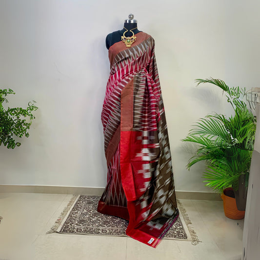 Maroon & Brown Pure Silk Ikkat Saree