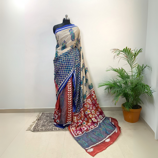 Tussar Silk Saree – Hand Painted with Kantha Work