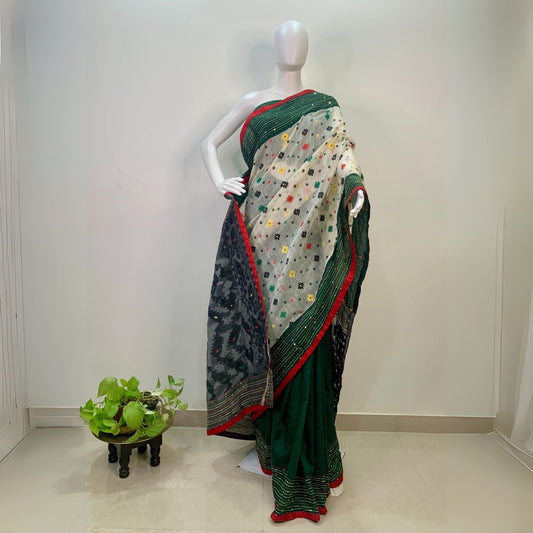 Black,White and Green Soft Dhakai Jamdani