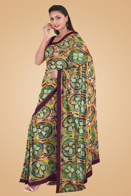 "Full view of Multicolour Digital Printed Satin Georgette Saree with wine coloured raw silk border and silver zari detail"