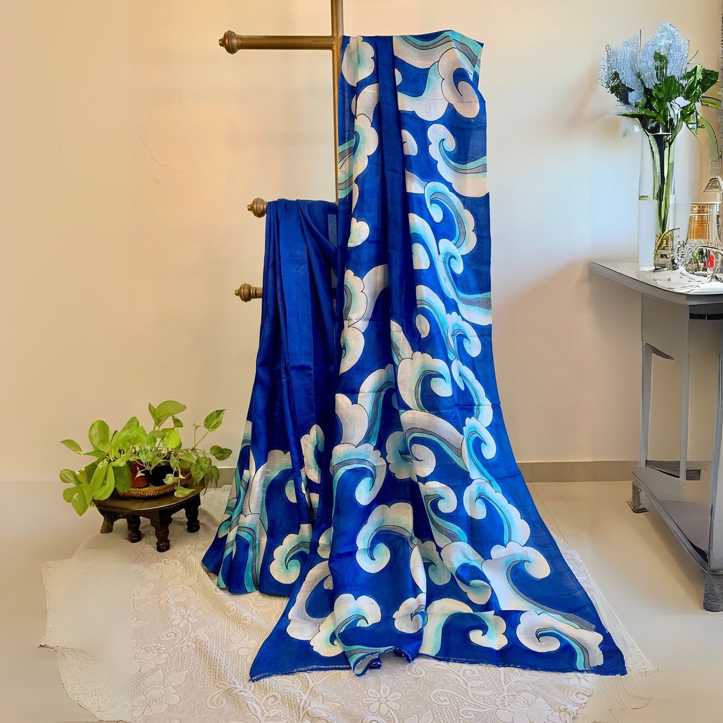 Blue Hand painted Pure Silk Saree