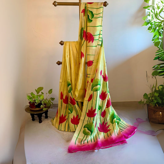Light Yellow Hand painted Pure Silk Saree
