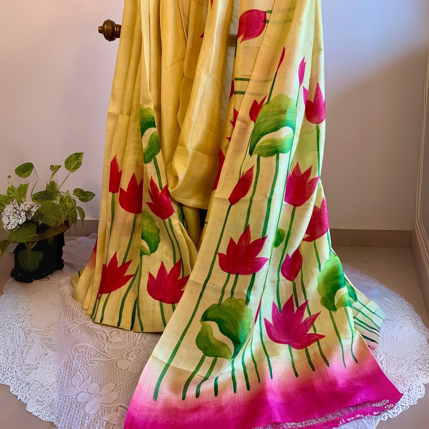 Light Yellow Hand painted Pure Silk Saree