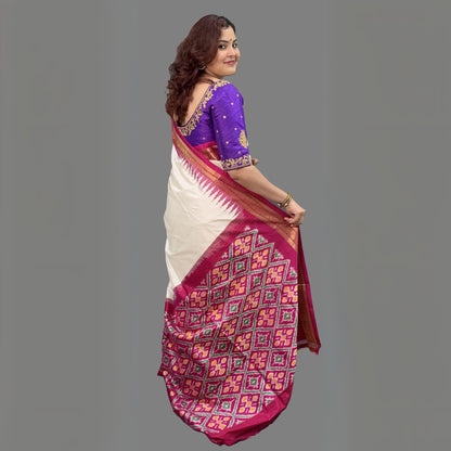 Majenta Pure Silk Ikkat Saree with Kachipuram Border