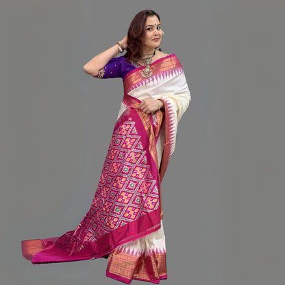 Majenta Pure Silk Ikkat Saree with Kachipuram Border