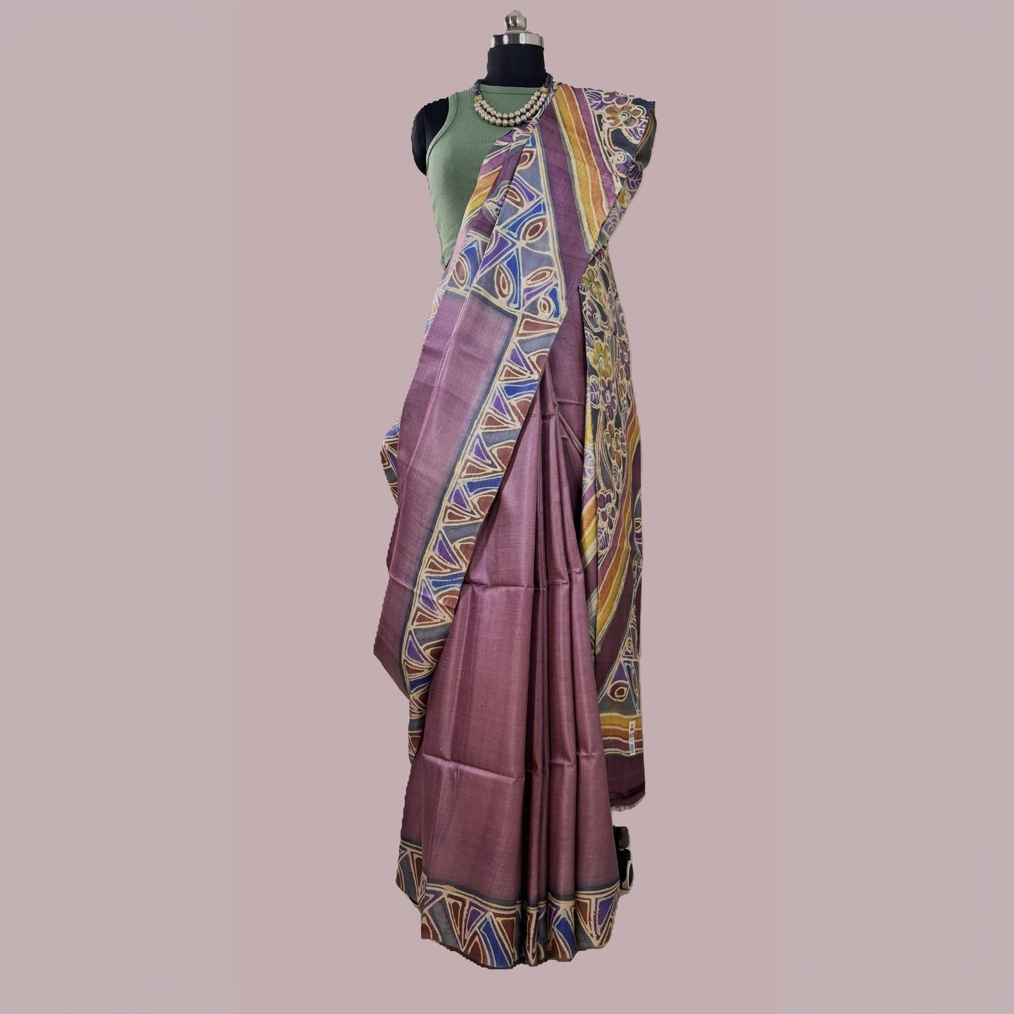 Alcohol Ink Painted Lilac Tussar Saree