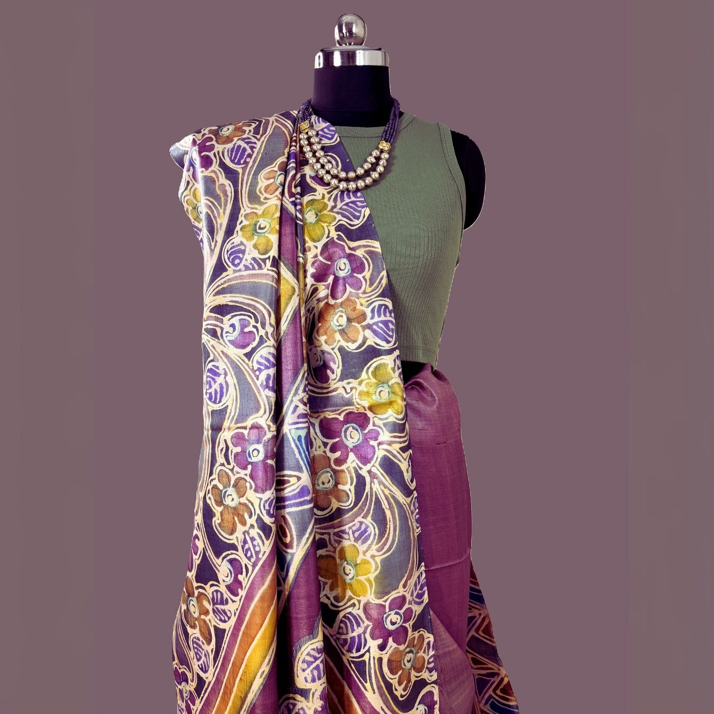 Alcohol Ink Painted Lilac Tussar Saree