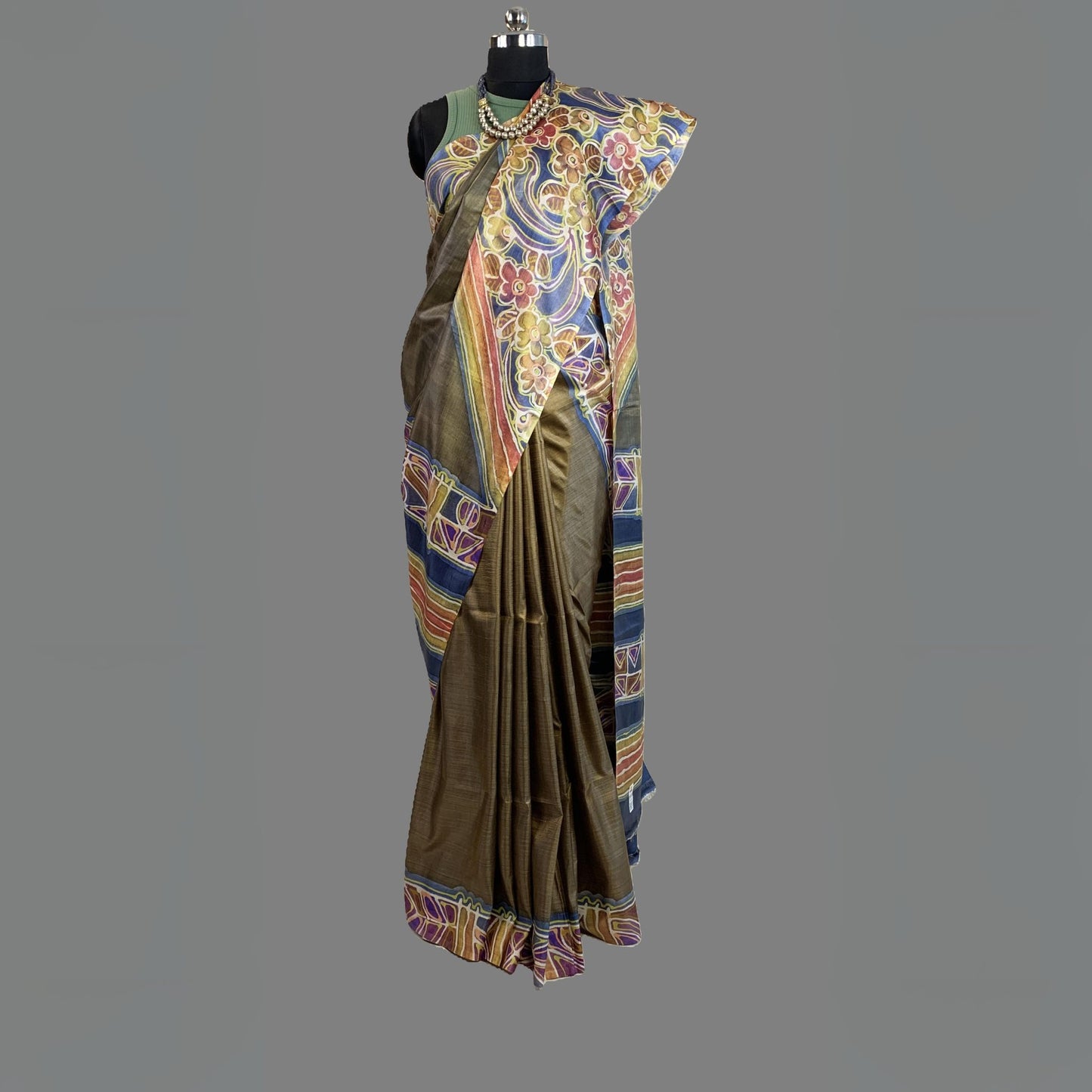 Alcohol Ink Painted Antique Gold Colour Tussar Saree