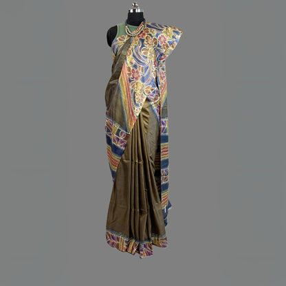 Alcohol Ink Painted Antique Gold Colour Tussar Saree