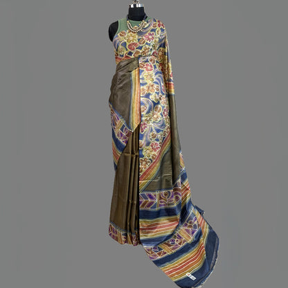 Alcohol Ink Painted Antique Gold Colour Tussar Saree