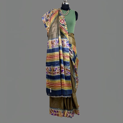 Alcohol Ink Painted Antique Gold Colour Tussar Saree