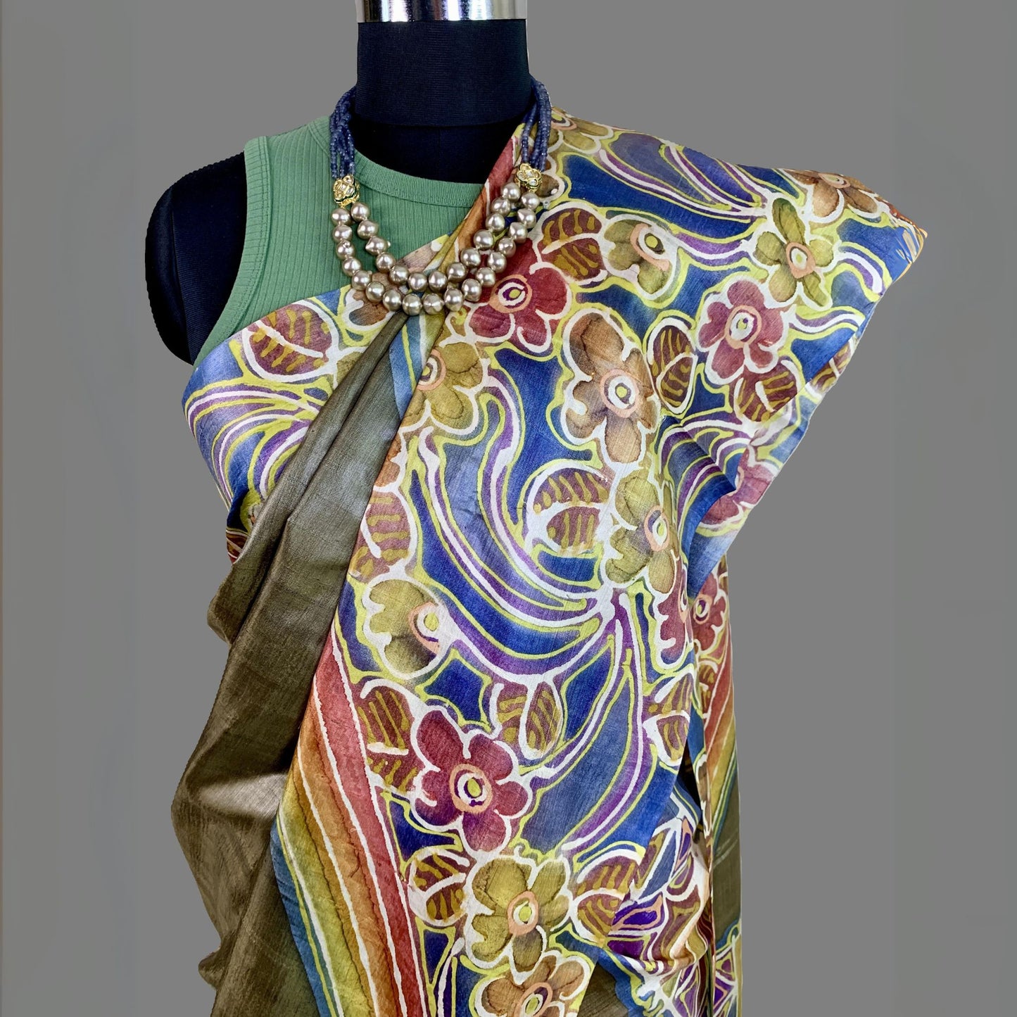 Alcohol Ink Painted Antique Gold Colour Tussar Saree