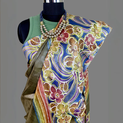 Alcohol Ink Painted Antique Gold Colour Tussar Saree