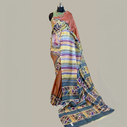 Alcohol Ink Painted  Light Rust Colour Tussar Saree
