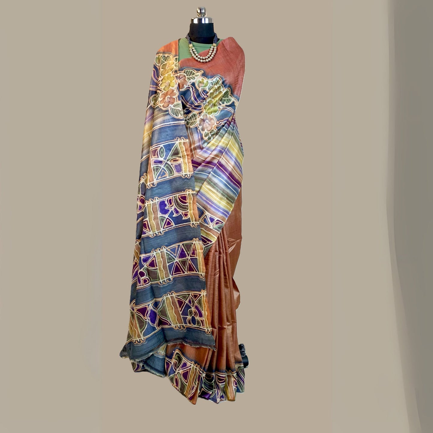 Alcohol Ink Painted  Light Rust Colour Tussar Saree