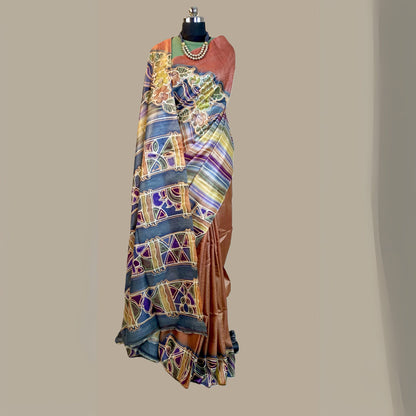Alcohol Ink Painted  Light Rust Colour Tussar Saree