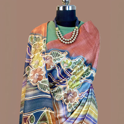 Alcohol Ink Painted  Light Rust Colour Tussar Saree