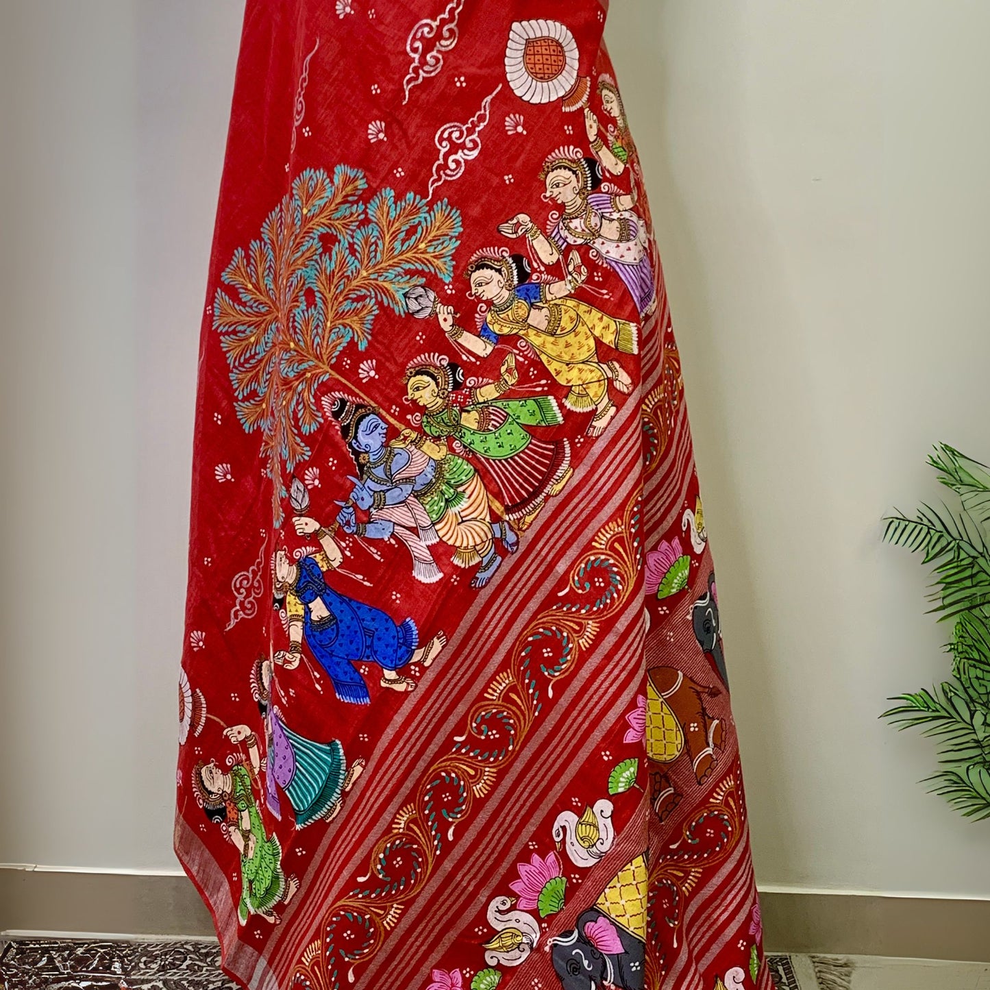 Red Hand-Painted  Linen Saree