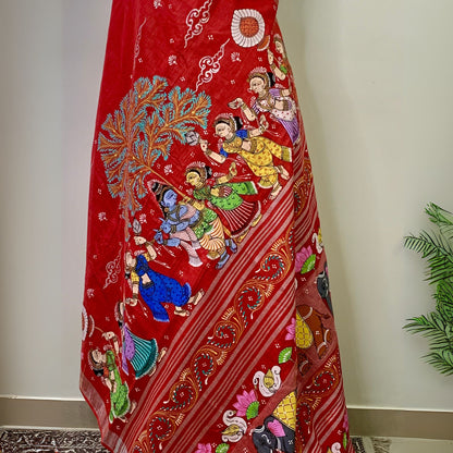 Red Hand-Painted  Linen Saree