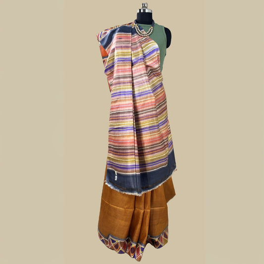 Alcohol Ink Painted  Golden Yellow Colour Tussar Saree