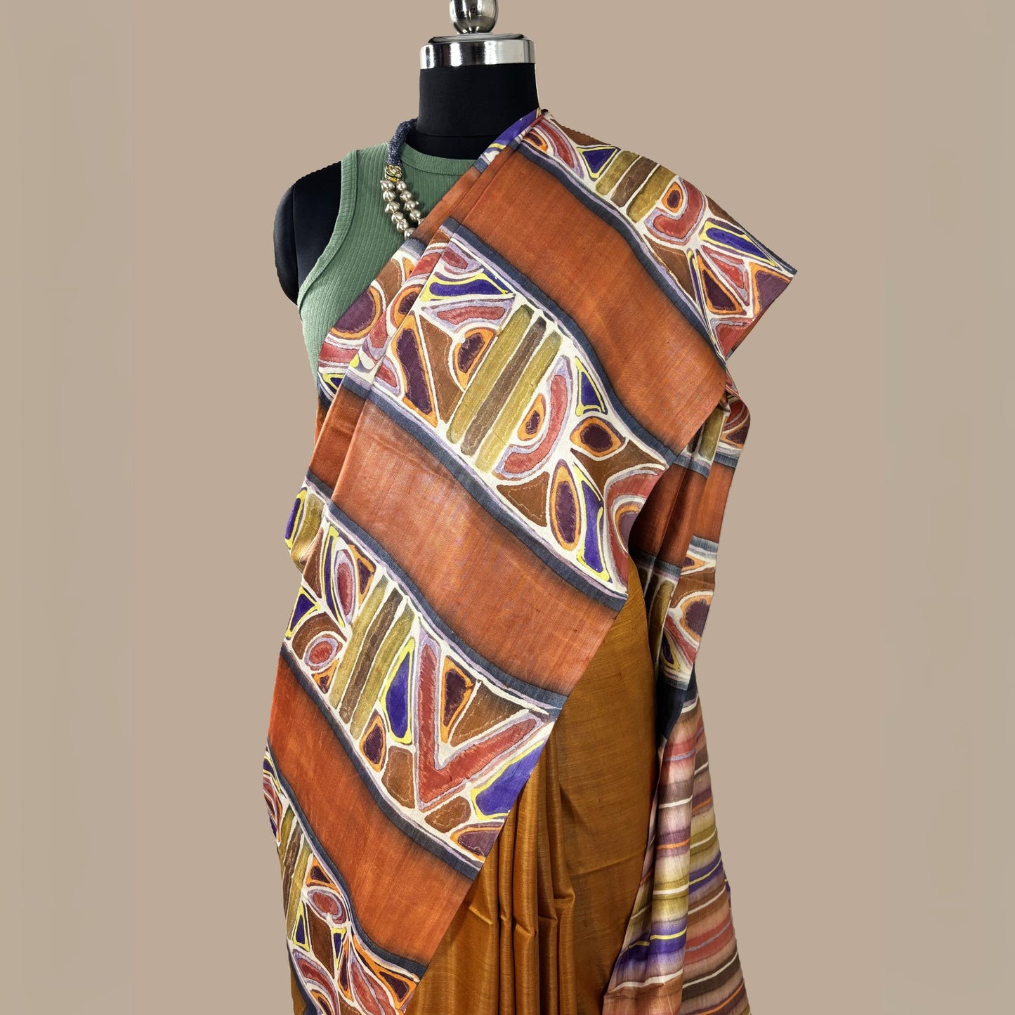 Alcohol Ink Painted  Golden Yellow Colour Tussar Saree