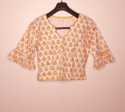 White and Yellow Jaipur Printed Cotton Blouse