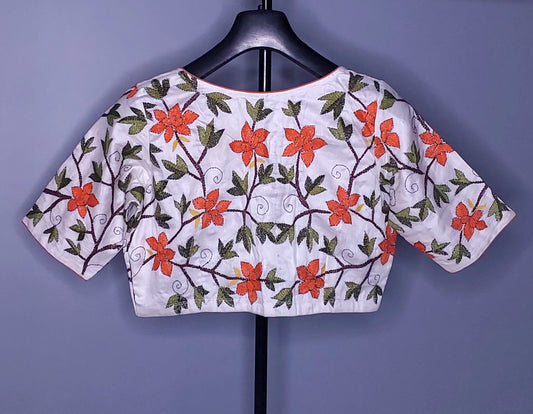 Kantha Work White & Orange Silk Cotton Blouse (Copy)