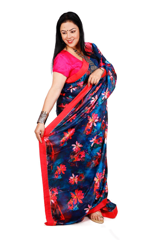 Blue Digital Printed Satin Georgette Saree
