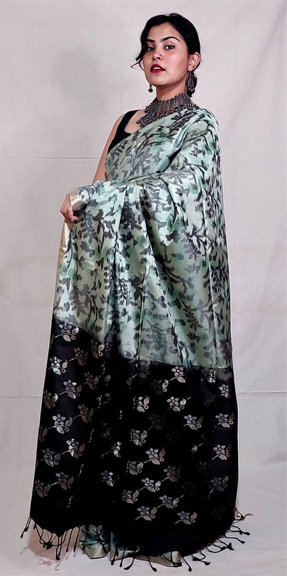 Pesta Green Pure Silk Ikkat Saree
