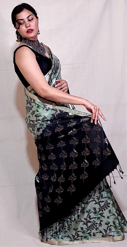 Pesta Green Pure Silk Ikkat Saree