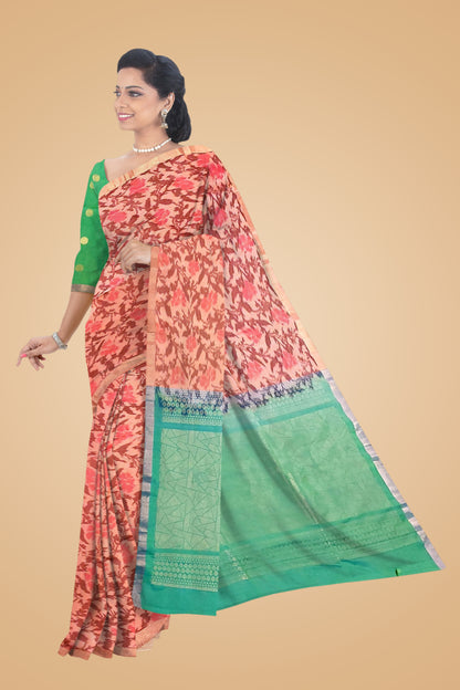 Peach Pure Silk Ikkat Saree