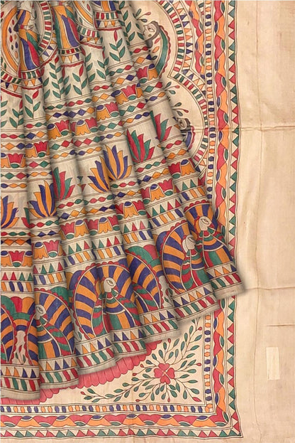 Hand painted Madhubani on Tussar Silk
