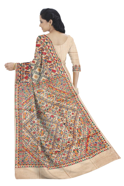 Hand painted Madhubani on Tussar Silk