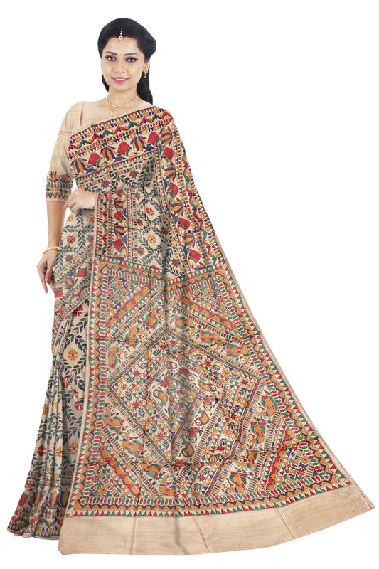 Hand painted Madhubani on Tussar Silk