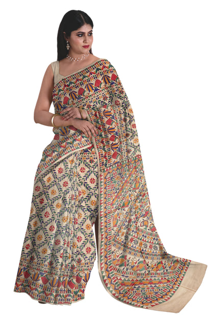 Hand painted Madhubani on Tussar Silk