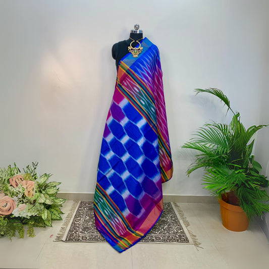 Blue & Majenta Pure Silk Ikkat Saree