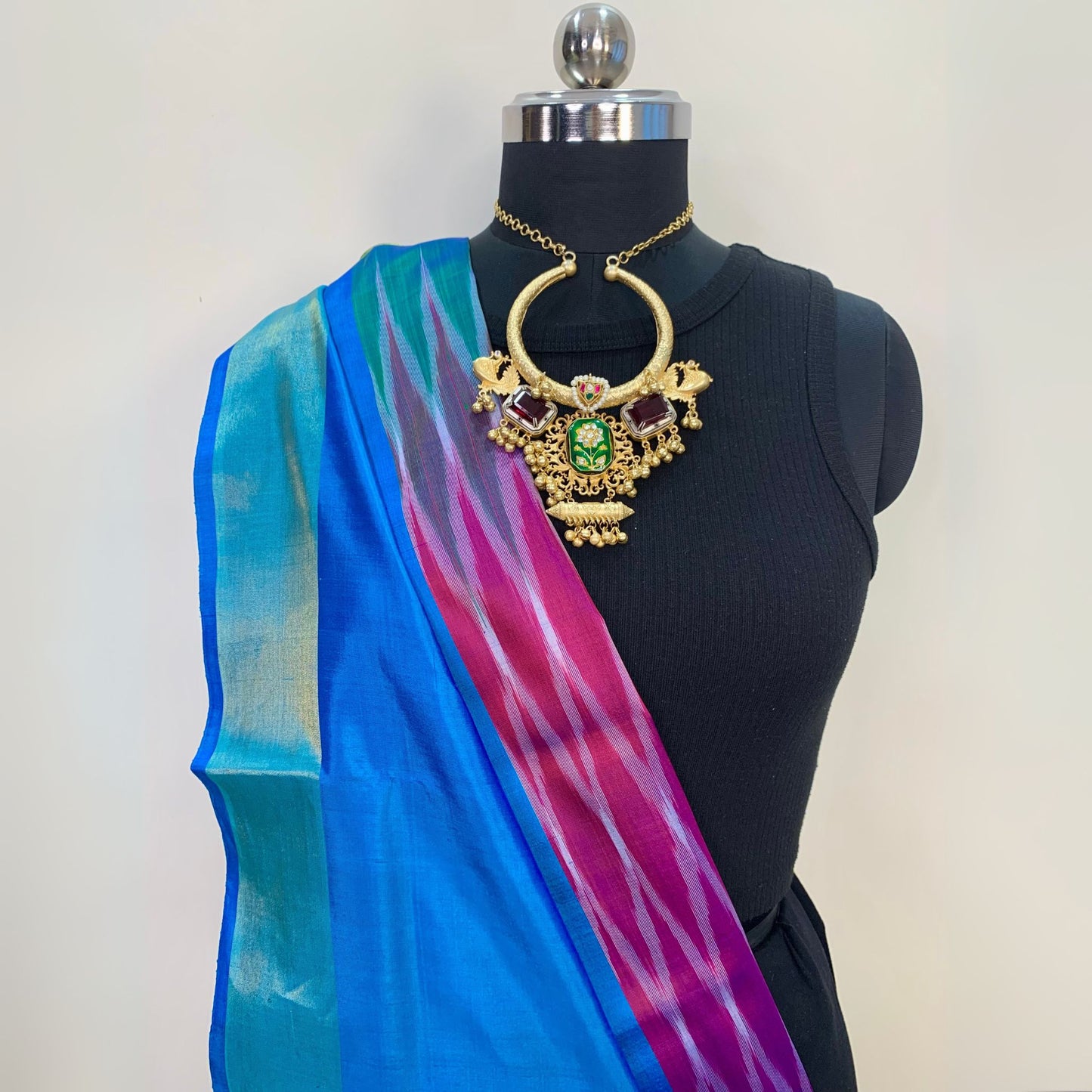 Blue & Majenta Pure Silk Ikkat Saree