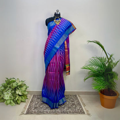 Blue & Majenta Pure Silk Ikkat Saree