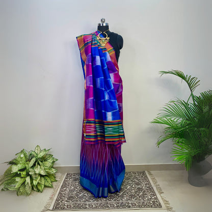 Blue & Majenta Pure Silk Ikkat Saree